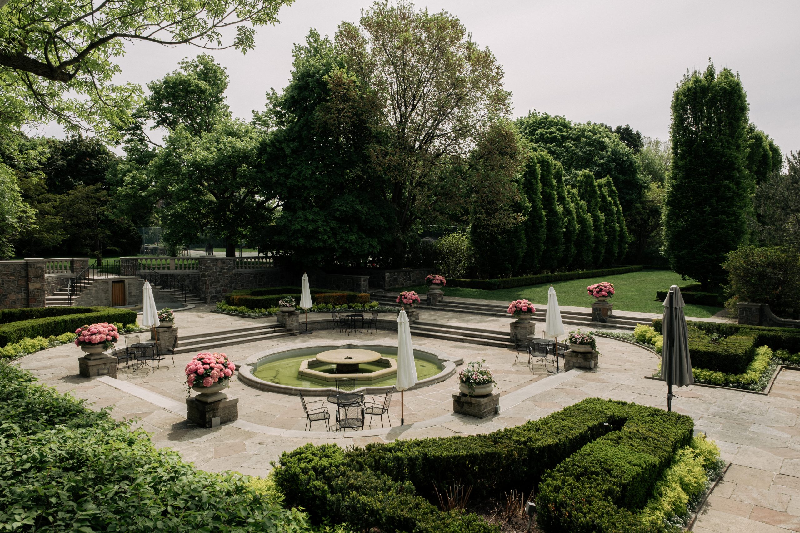Back reception and ceremony space for Garden filled toronto wedding venue